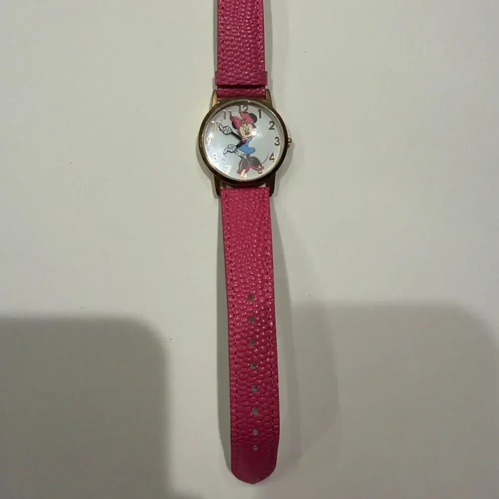 Pink Disney Minnie Mouse Watch Pink Genuine Leather Buckle Band Gold Tone